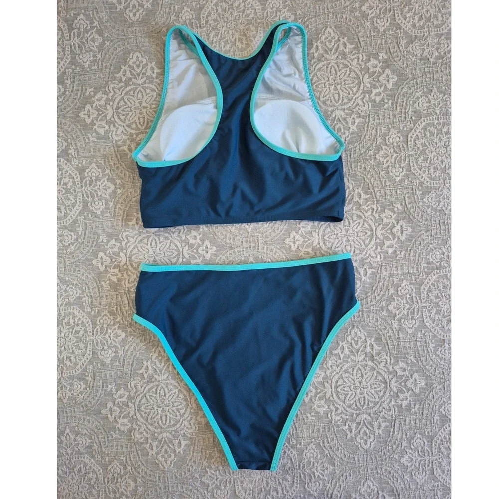 Teal High Neck High Waisted Bikini Set‎ Two Piece Swimsuit Teal Turquoise Size M